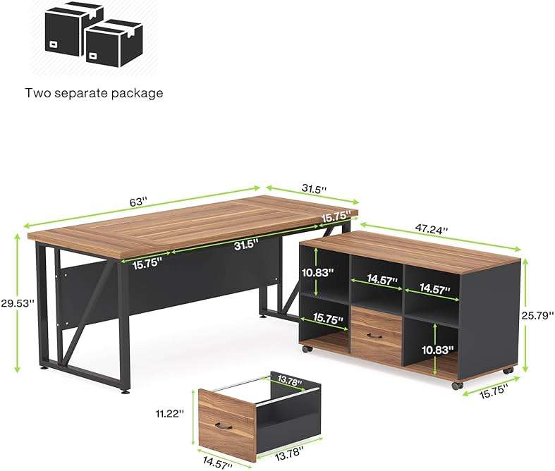 Tribesigns 63 inches Executive Desk and 47" lateral File Cabinet, L-Shaped Computer Desk Home Office Business Furniture with Drawers and Storage Shelves, Office Table,Brown and Black - Image 2