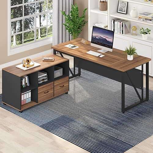Tribesigns 63 inches Executive Desk and 47" lateral File Cabinet, L-Shaped Computer Desk Home Office Business Furniture with Drawers and Storage Shelves, Office Table,Brown and Black - Image 8