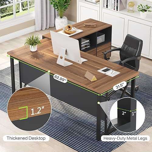 Tribesigns 63 inches Executive Desk and 47" lateral File Cabinet, L-Shaped Computer Desk Home Office Business Furniture with Drawers and Storage Shelves, Office Table,Brown and Black - Image 9