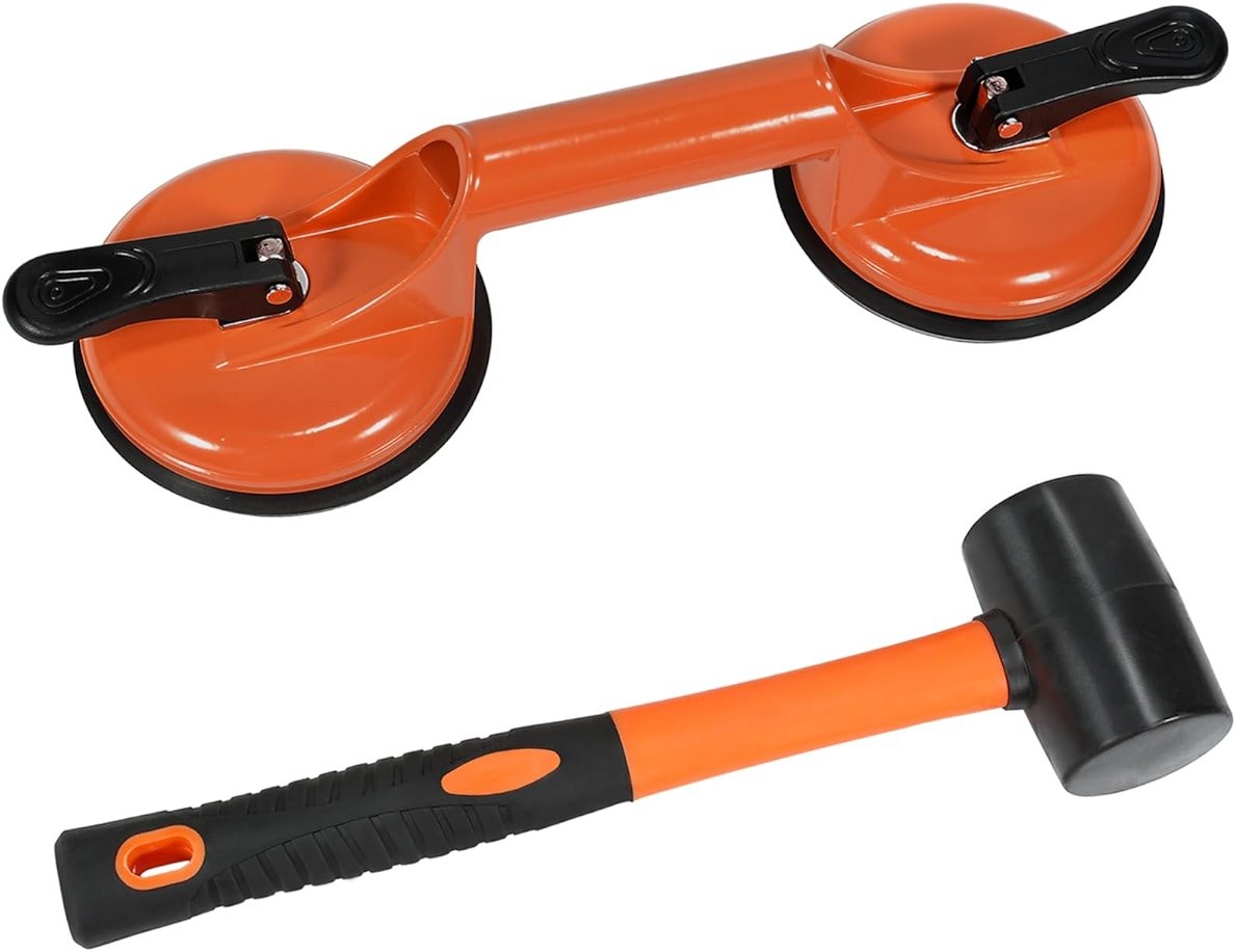 Floor Gap Fixer Tool for Laminate Floor Gap Repair Includes Heavy Duty Aluminum Suction Cup and Fiberglass Handle Rubber Mallet (Can't Use on Scraped Surface Floor) - Orange Kit - Product Image