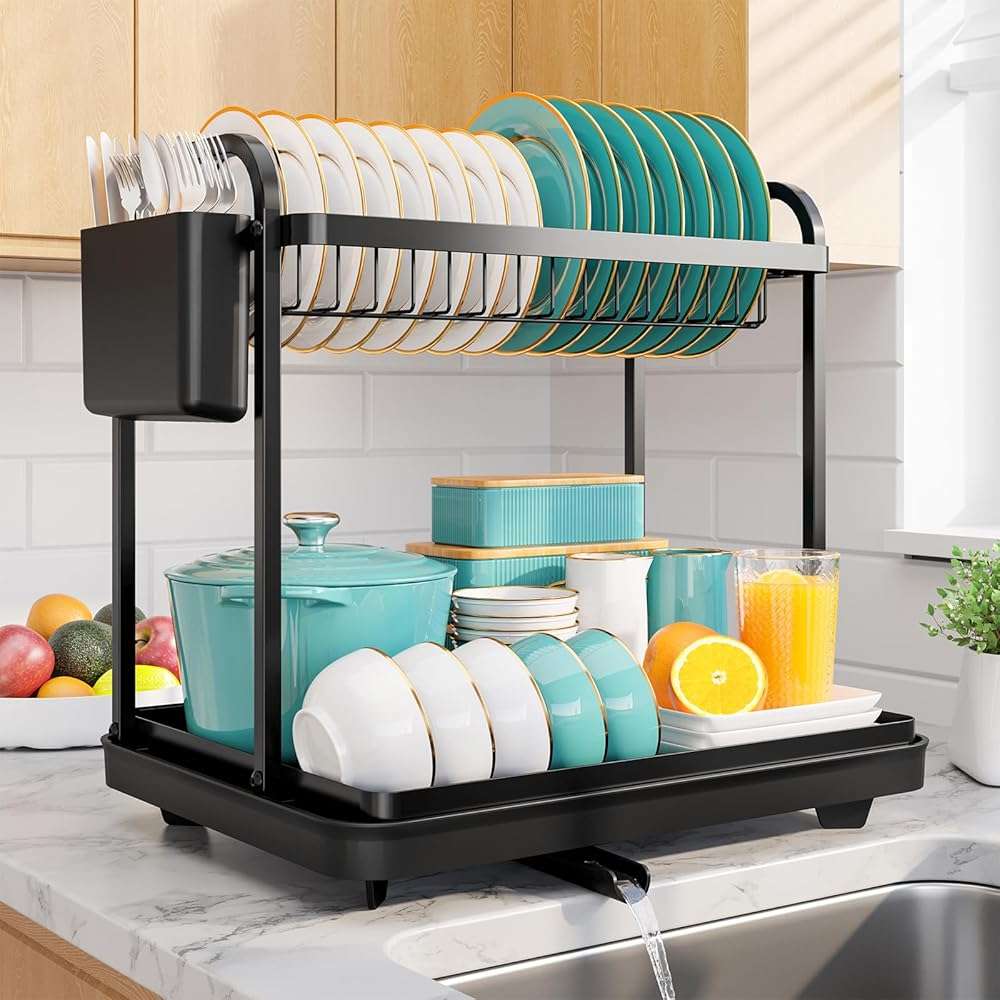 Sakugi 2-Tier Dish Drying Rack - Stainless Steel Dish Rack with Cutlery & Utensil Holders for Kitchen Counter, Sink Organization and Storage for Small Family, 15" W x 11.4" L x 15" H, Black - Image 1