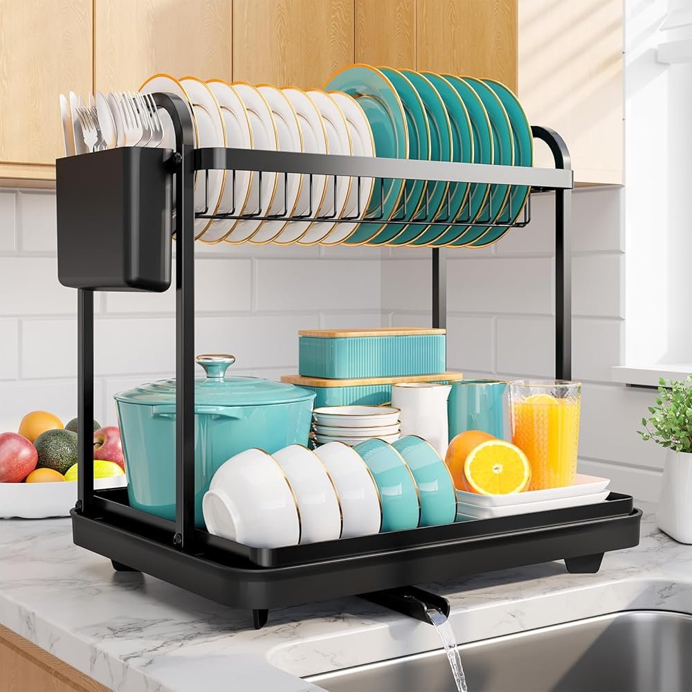 Sakugi 2-Tier Dish Drying Rack - Stainless Steel Dish Rack with Cutlery & Utensil Holders for Kitchen Counter, Sink Organization and Storage for Small Family, 15" W x 11.4" L x 15" H, Black - Product Image