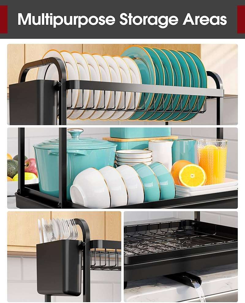 Sakugi 2-Tier Dish Drying Rack - Stainless Steel Dish Rack with Cutlery & Utensil Holders for Kitchen Counter, Sink Organization and Storage for Small Family, 15" W x 11.4" L x 15" H, Black - Image 4