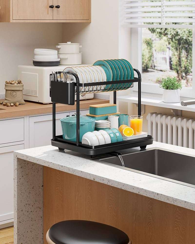 Sakugi 2-Tier Dish Drying Rack - Stainless Steel Dish Rack with Cutlery & Utensil Holders for Kitchen Counter, Sink Organization and Storage for Small Family, 15" W x 11.4" L x 15" H, Black - Image 6
