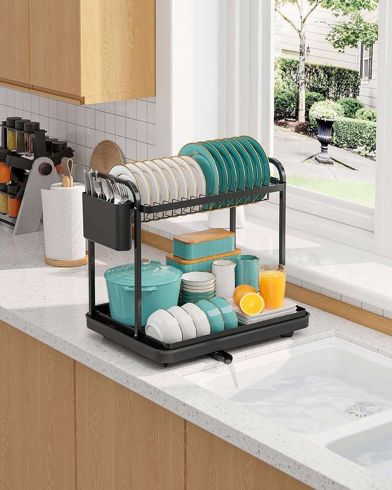 Sakugi 2-Tier Dish Drying Rack - Stainless Steel Dish Rack with Cutlery & Utensil Holders for Kitchen Counter, Sink Organization and Storage for Small Family, 15" W x 11.4" L x 15" H, Black - Image 7