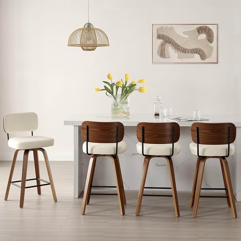Bekrvio Swivel Counter Height Bar Stools Set of 4, 26" Upholstered Faux Leather Barstools with Back and Bent Wood Legs, Mid Century Modern Bar Chair Island Stool for Kitchen Counter, Cream White - Product Image