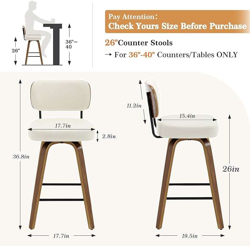 Bekrvio Swivel Counter Height Bar Stools Set of 4, 26" Upholstered Faux Leather Barstools with Back and Bent Wood Legs, Mid Century Modern Bar Chair Island Stool for Kitchen Counter, Cream White - Image 2