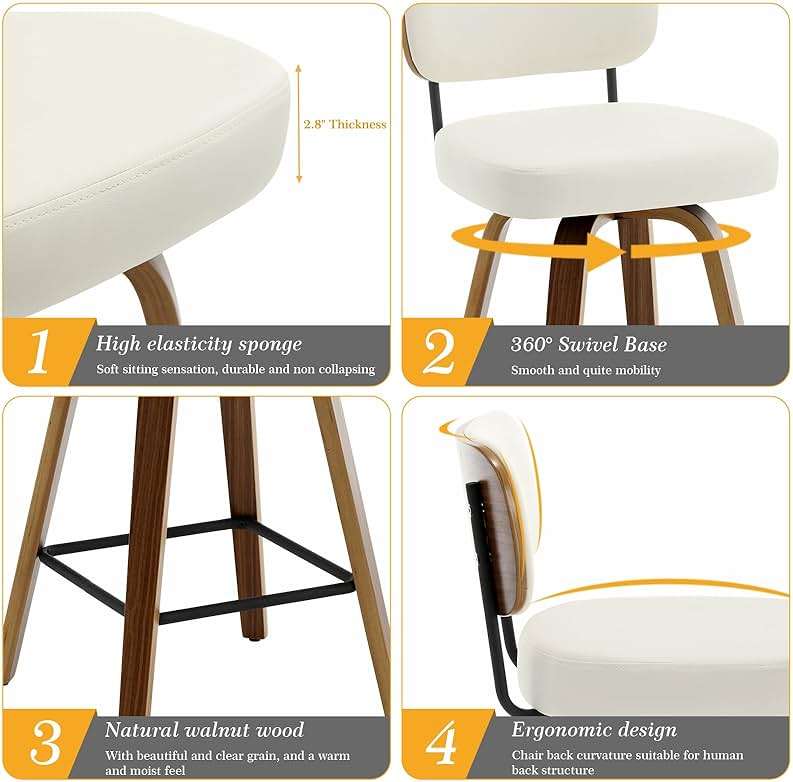 Bekrvio Swivel Counter Height Bar Stools Set of 4, 26" Upholstered Faux Leather Barstools with Back and Bent Wood Legs, Mid Century Modern Bar Chair Island Stool for Kitchen Counter, Cream White - Image 3