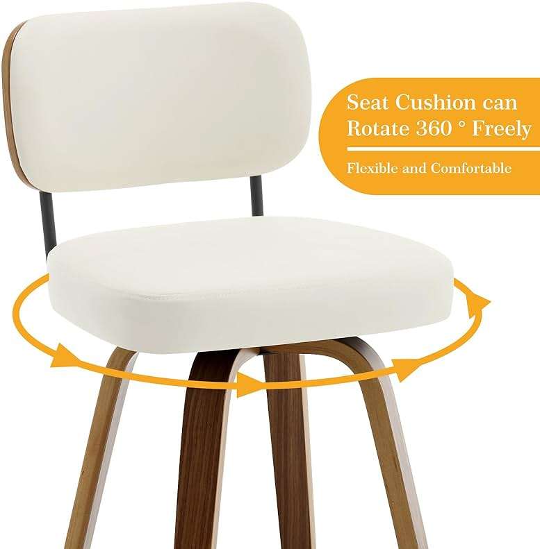 Bekrvio Swivel Counter Height Bar Stools Set of 4, 26" Upholstered Faux Leather Barstools with Back and Bent Wood Legs, Mid Century Modern Bar Chair Island Stool for Kitchen Counter, Cream White - Image 4