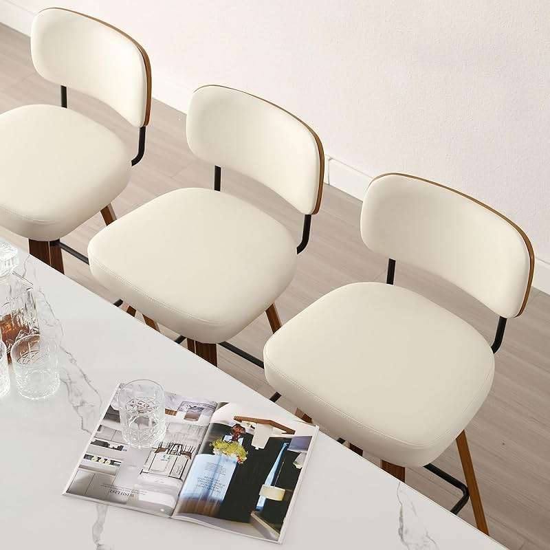 Bekrvio Swivel Counter Height Bar Stools Set of 4, 26" Upholstered Faux Leather Barstools with Back and Bent Wood Legs, Mid Century Modern Bar Chair Island Stool for Kitchen Counter, Cream White - Image 8