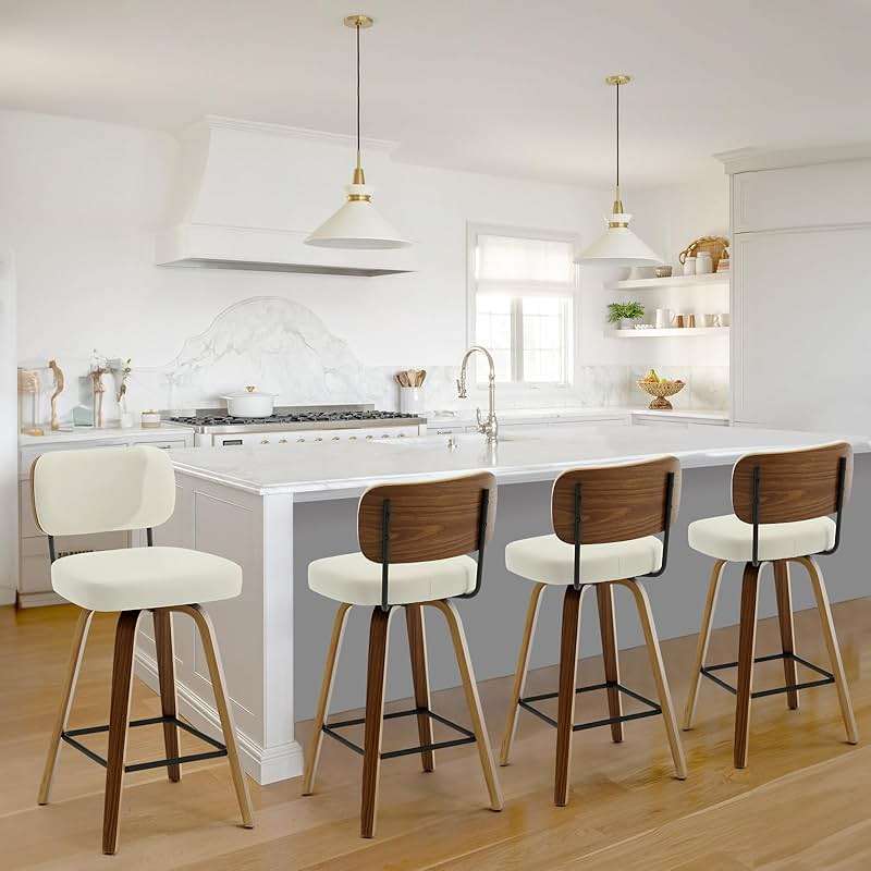 Bekrvio Swivel Counter Height Bar Stools Set of 4, 26" Upholstered Faux Leather Barstools with Back and Bent Wood Legs, Mid Century Modern Bar Chair Island Stool for Kitchen Counter, Cream White - Image 9