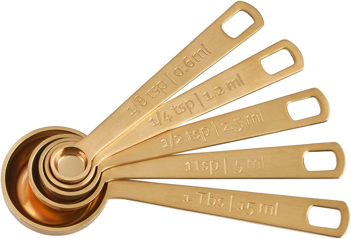 Le Creuset Stainless Steel Measuring Spoons, Gold Finish, Set of 5 | Set includes: 1/8, 1/4, 1/2 and 1 Tsps, and 1 Tb - Image 1