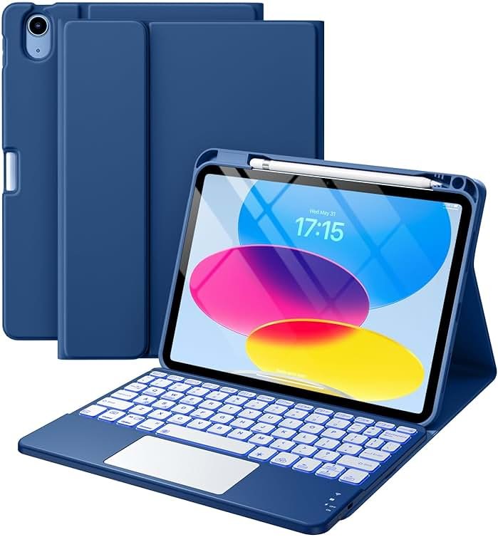 Harvopu Compatible for iPad 11th 10th Generation Case with Keyboard, Folio Cover with Pencil Holder, Multi-Touch Trackpad, 7 Color Backlit, Detachable Keyboard for iPad (A16) 11th/10th Gen (Navy Blue) - Product Image