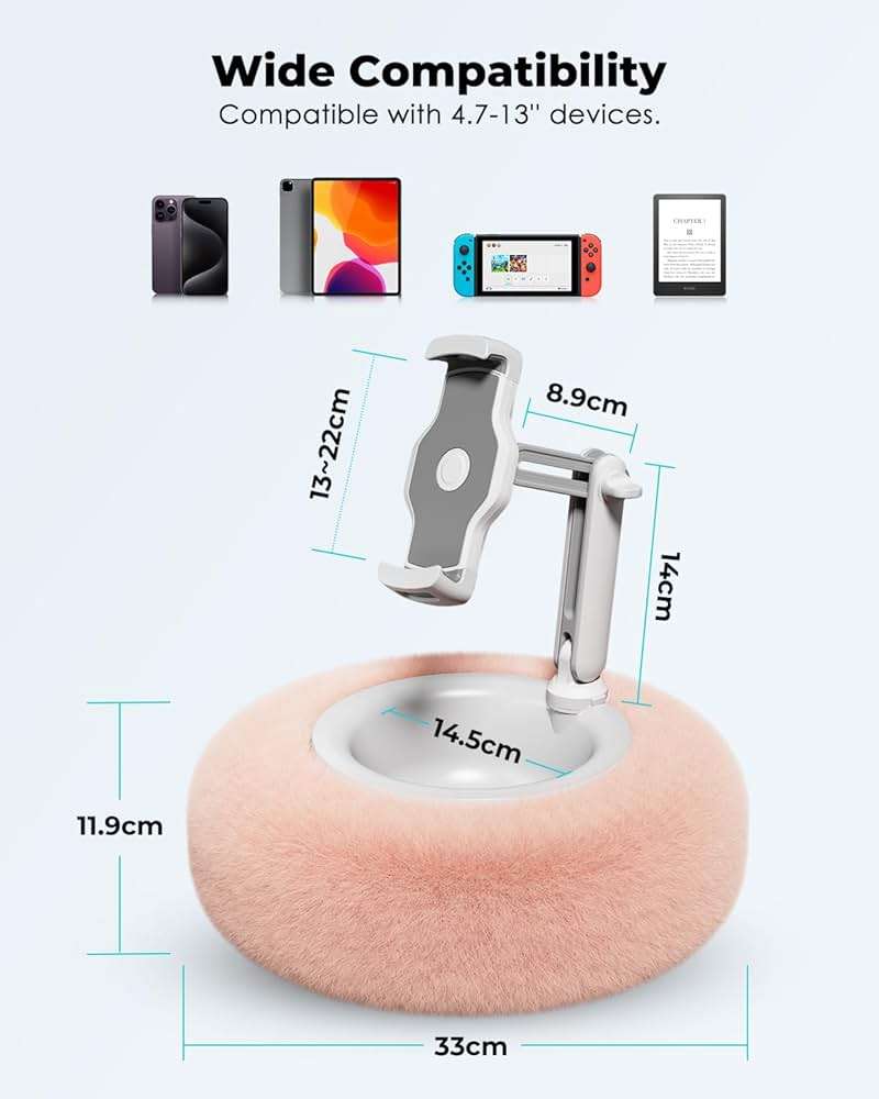 Viozon Tablet Stand Pillow, Compatible with 4.7"-13" Phone/Tablet, iPad, iPhone, Samsung, Google, Kindle, 360°Adjustable Phone Holder for Bed with Soft Plush Fabric, and Detachable Bowl, Pink - Image 3