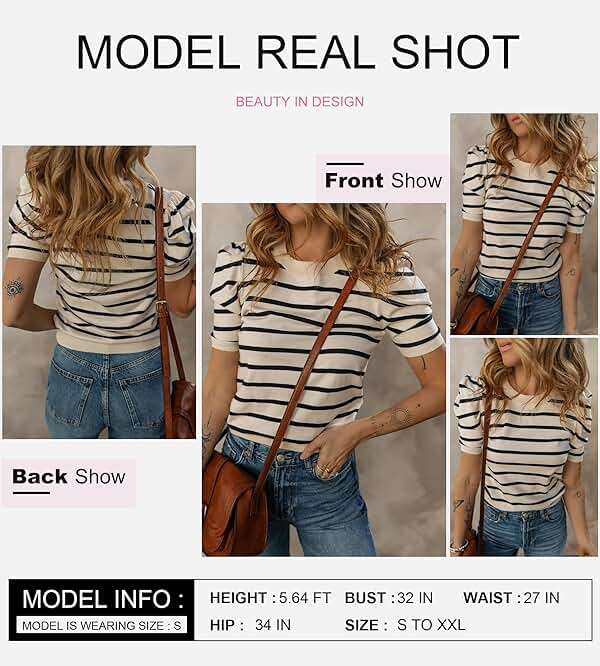 Dokotoo Women's Short Puff Sleeve Summer Sweater 2026 Trendy Crewneck Striped Casual Business Casual Knit Tops - Image 2