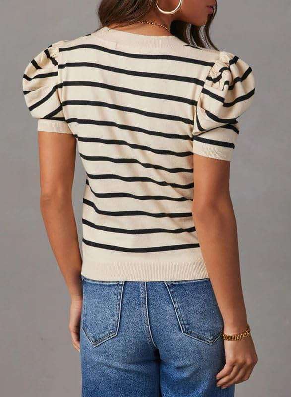 Dokotoo Women's Short Puff Sleeve Summer Sweater 2026 Trendy Crewneck Striped Casual Business Casual Knit Tops - Image 4