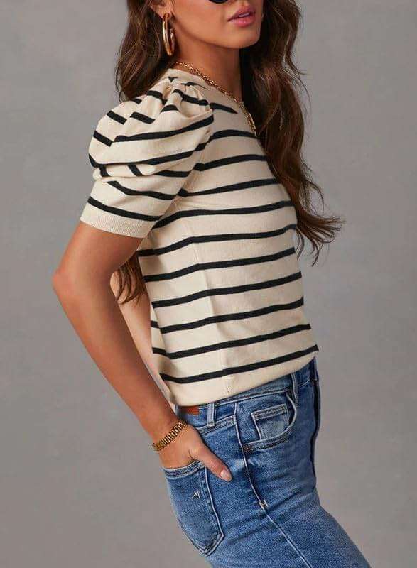 Dokotoo Women's Short Puff Sleeve Summer Sweater 2026 Trendy Crewneck Striped Casual Business Casual Knit Tops - Image 5