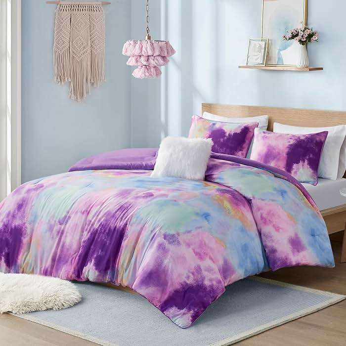 Intelligent Design Queen Size Comforter Set, Watercolor Comforter Set for Teen Girl & Boys, Tie Dye Queen Bedding Sets, 4 Pieces Cassiopeia Comforter, Sham, Throw Pillow Full/Queen Lavender - Image 1