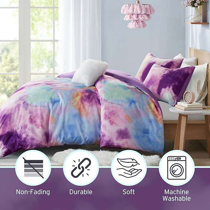 Intelligent Design Queen Size Comforter Set, Watercolor Comforter Set for Teen Girl & Boys, Tie Dye Queen Bedding Sets, 4 Pieces Cassiopeia Comforter, Sham, Throw Pillow Full/Queen Lavender - Image 3