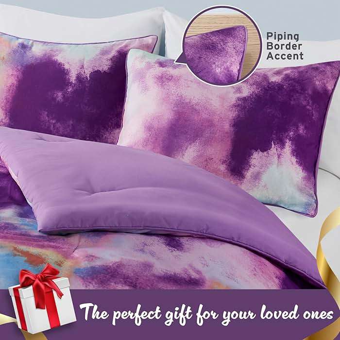 Intelligent Design Queen Size Comforter Set, Watercolor Comforter Set for Teen Girl & Boys, Tie Dye Queen Bedding Sets, 4 Pieces Cassiopeia Comforter, Sham, Throw Pillow Full/Queen Lavender - Image 4
