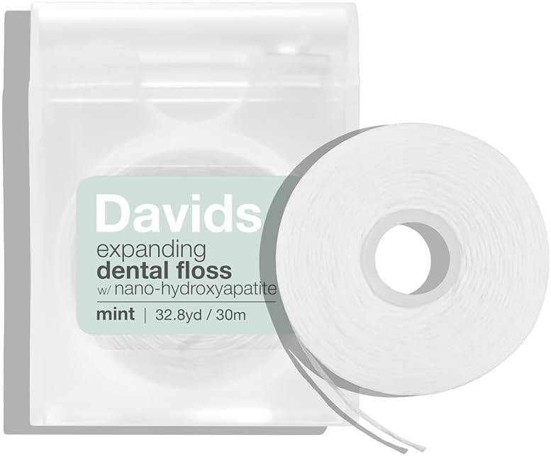Davids Expanding Dental Floss + Refill w/Hydroxyapatite, No Break Woven Strands, Waxed, Vegan, Cocoa Butter & Mint, Kid Friendly, Refillable Dispenser, 66 yd - Product Image