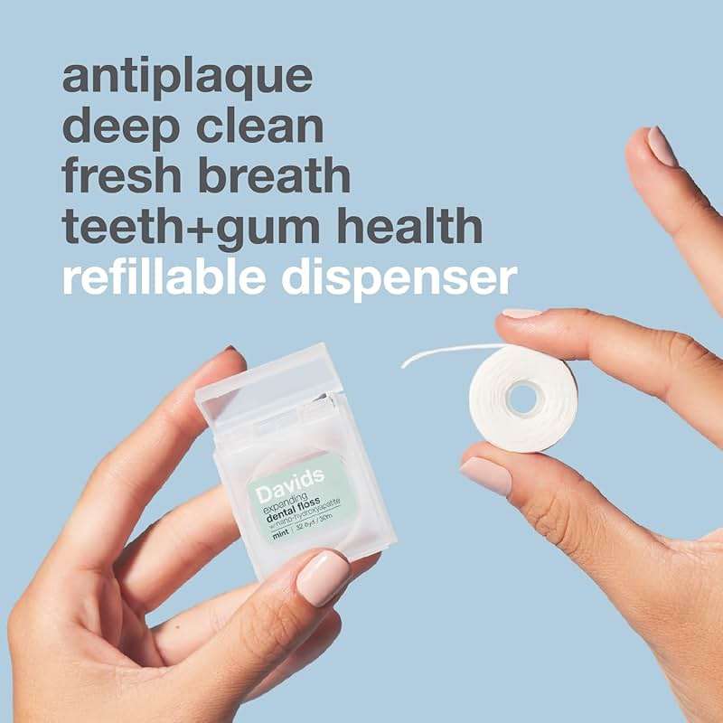Davids Expanding Dental Floss + Refill w/Hydroxyapatite, No Break Woven Strands, Waxed, Vegan, Cocoa Butter & Mint, Kid Friendly, Refillable Dispenser, 66 yd - Image 4