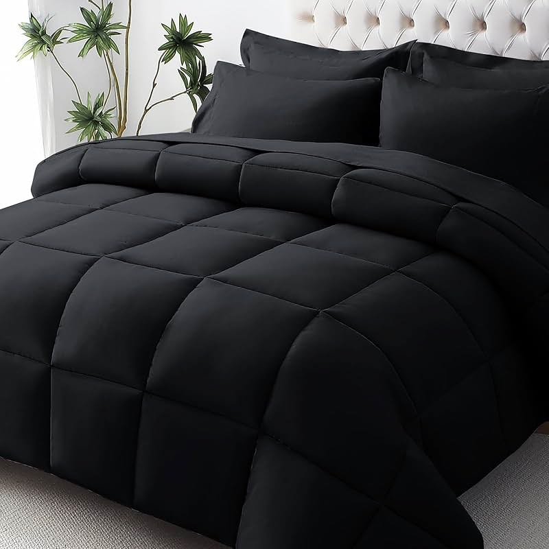 JOLLYVOGUE Queen Comforter Set, Ultra-Soft Bed in a Bag Queen Size 7 Pieces, Oeko-TEX Certified Bedding Set with Down Alternative Comforter, Sheets, Pillowcases & Shams, Black - Product Image