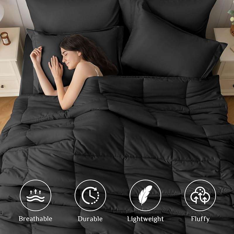 JOLLYVOGUE Queen Comforter Set, Ultra-Soft Bed in a Bag Queen Size 7 Pieces, Oeko-TEX Certified Bedding Set with Down Alternative Comforter, Sheets, Pillowcases & Shams, Black - Image 3