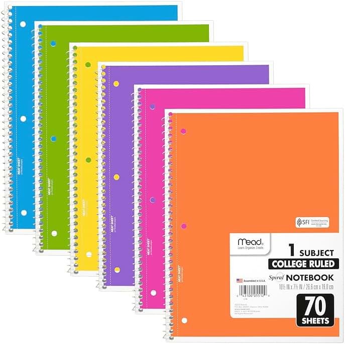 Mead Spiral Notebook, 6 Pack, 1 Subject, College Ruled Paper, 7-1/2" x 10-1/2", 70 Sheets per Notebook, Assorted Bright Colors (830050-ECM) - Product Image