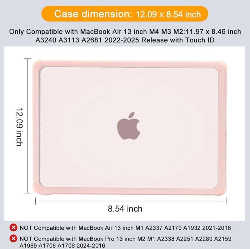 MOSISO Compatible with MacBook Air 13 inch Case M5 2026 M4 2025 M3 M2 2024-2022 A3449 A3240 A3113 A2681,3 in 1 Kit Crack-Resistant Heavy Duty Protective Plastic Hard Case with TPU Bumper, Pink - Image 9