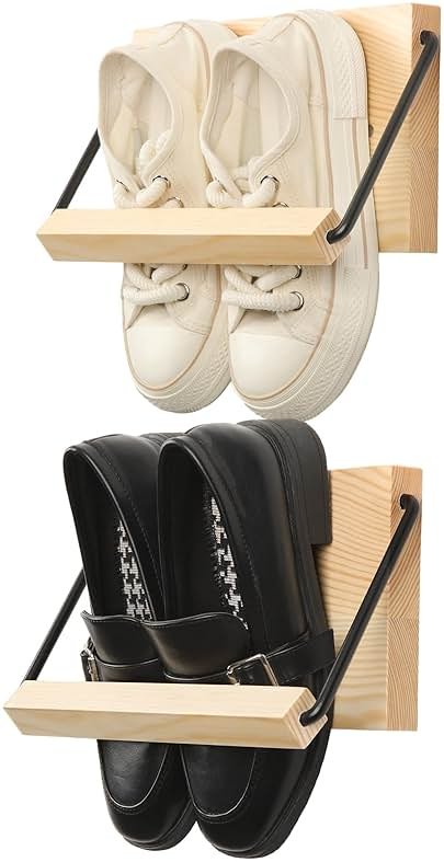 Mifoci 2 Pcs Wall Mounted Shoe Rack Organizer Wooden Modern Compact Wall Space Saving Shoe Holder Storage for Sneaker Footwear Slipper Boots Entryway Narrow Spaces Hallway(9.84'' Long) - Product Image