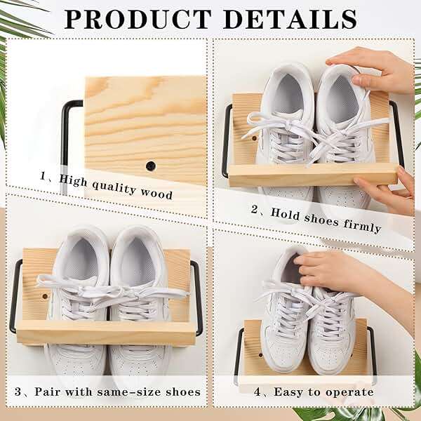 Mifoci 2 Pcs Wall Mounted Shoe Rack Organizer Wooden Modern Compact Wall Space Saving Shoe Holder Storage for Sneaker Footwear Slipper Boots Entryway Narrow Spaces Hallway(9.84'' Long) - Image 4