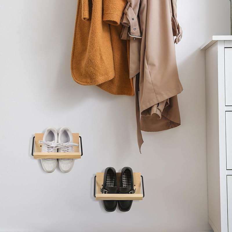Mifoci 2 Pcs Wall Mounted Shoe Rack Organizer Wooden Modern Compact Wall Space Saving Shoe Holder Storage for Sneaker Footwear Slipper Boots Entryway Narrow Spaces Hallway(9.84'' Long) - Image 7