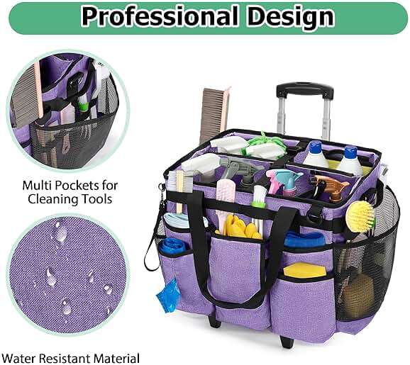 LoDrid Rolling Cleaning Bag with Detachable Trolley, Professional Cleaning Caddy with Shoulder Strap for Housekeepers, Portable Cart on Wheels for Supplies, Purple (Patent Design) - Image 4