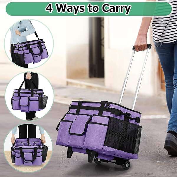LoDrid Rolling Cleaning Bag with Detachable Trolley, Professional Cleaning Caddy with Shoulder Strap for Housekeepers, Portable Cart on Wheels for Supplies, Purple (Patent Design) - Image 5