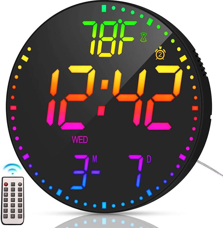 Kasbin 12 Inch Large Digital Wall Clock with Remote Control, RGB Color, Alarm, Timer, Date, Temperature, LED Display for Classroom, Living Room, Bedroom, Gift for Elderly (Black Mirror, 12") - Image 1