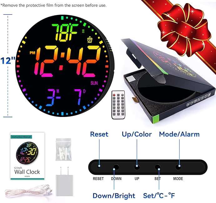 Kasbin 12 Inch Large Digital Wall Clock with Remote Control, RGB Color, Alarm, Timer, Date, Temperature, LED Display for Classroom, Living Room, Bedroom, Gift for Elderly (Black Mirror, 12") - Image 3