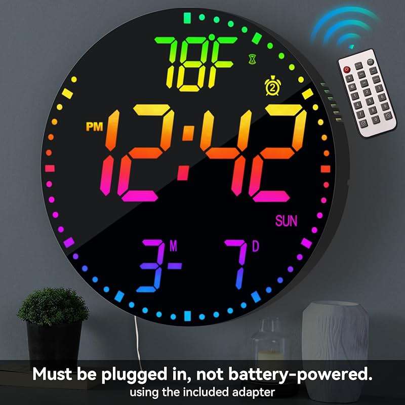 Kasbin 12 Inch Large Digital Wall Clock with Remote Control, RGB Color, Alarm, Timer, Date, Temperature, LED Display for Classroom, Living Room, Bedroom, Gift for Elderly (Black Mirror, 12") - Image 4