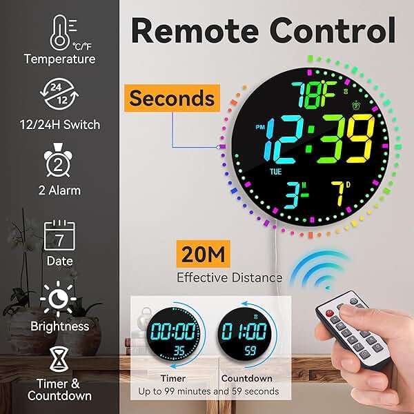 Kasbin 12 Inch Large Digital Wall Clock with Remote Control, RGB Color, Alarm, Timer, Date, Temperature, LED Display for Classroom, Living Room, Bedroom, Gift for Elderly (Black Mirror, 12") - Image 6