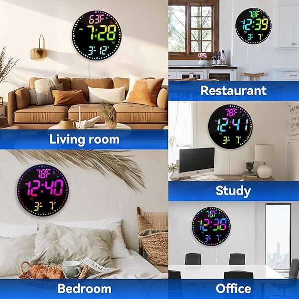 Kasbin 12 Inch Large Digital Wall Clock with Remote Control, RGB Color, Alarm, Timer, Date, Temperature, LED Display for Classroom, Living Room, Bedroom, Gift for Elderly (Black Mirror, 12") - Image 8
