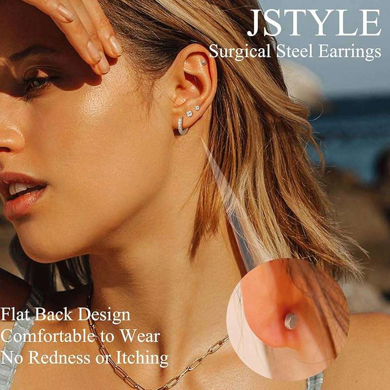 Jstyle Hypoallergenic Earrings for Sensitive Ears, Comfortable Flat Back Earrings for Sleeping, Surgical Steel Cartilage Earring Stacks for Multiple Piercing 14K Gold Plated Nickel-Free Jewelry - Image 2