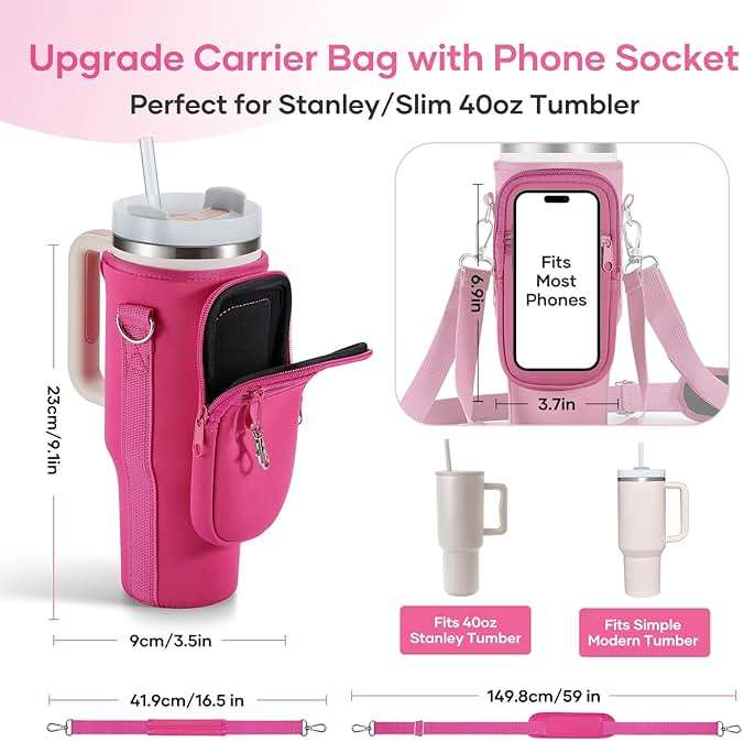 linmaya Water Bottle Carrier Bag for Stanley Cup 40/30oz with Phone Holder Pockets,Neoprene Water Bottle Cross-body Bag with Adjustable Shoulder & Hand Strap Stanley Cup Accessories - Image 3