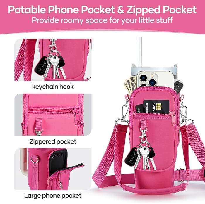 linmaya Water Bottle Carrier Bag for Stanley Cup 40/30oz with Phone Holder Pockets,Neoprene Water Bottle Cross-body Bag with Adjustable Shoulder & Hand Strap Stanley Cup Accessories - Image 4