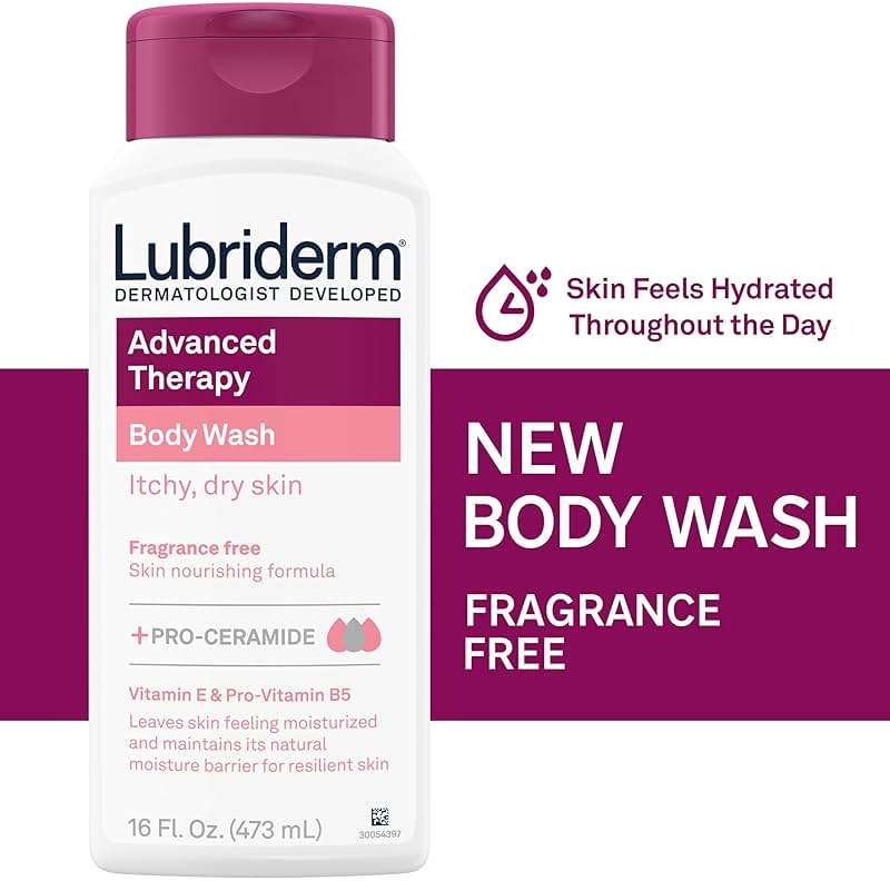 Lubriderm Advanced Therapy Body Wash, Unscented Nourishing Cleanser with Pro-Ceramide, Vitamin E & Pro-Vitamin B5 Gently Cleanses Itchy, Dry Skin, Fragrance Free, Hypoallergenic, 16 fl. oz - Image 3