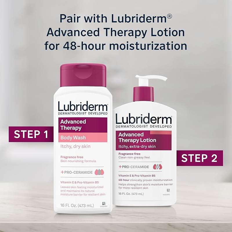 Lubriderm Advanced Therapy Body Wash, Unscented Nourishing Cleanser with Pro-Ceramide, Vitamin E & Pro-Vitamin B5 Gently Cleanses Itchy, Dry Skin, Fragrance Free, Hypoallergenic, 16 fl. oz - Image 6