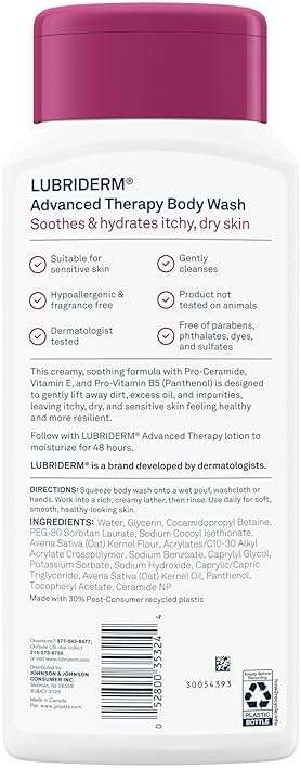 Lubriderm Advanced Therapy Body Wash, Unscented Nourishing Cleanser with Pro-Ceramide, Vitamin E & Pro-Vitamin B5 Gently Cleanses Itchy, Dry Skin, Fragrance Free, Hypoallergenic, 16 fl. oz - Image 10