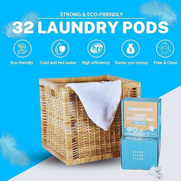 Laundry Detergent Pods Free & Clear, Unscented, 32 Count, Eco Friendly, Biodegradable, HE Compatible, 32 Count, Powerful Stain & Odor Removal, Skin Friendly - Image 4