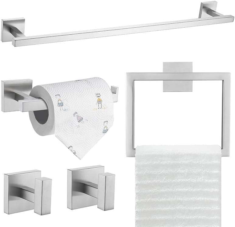TQKAG 5-Piece Bathroom Hardware Set Brushed Nickel Classic Wall Mounted SUS304 Stainless Steel Bathroom Accessories Set 23.6" Towel Rack for Bathroom, Brushed Nickel - Image 1