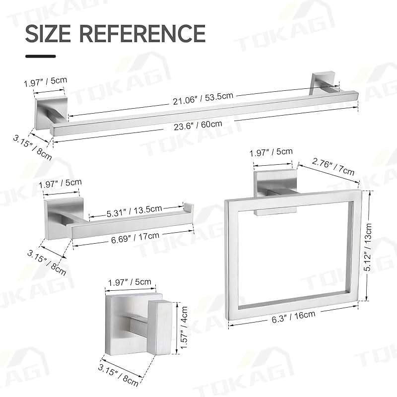 TQKAG 5-Piece Bathroom Hardware Set Brushed Nickel Classic Wall Mounted SUS304 Stainless Steel Bathroom Accessories Set 23.6" Towel Rack for Bathroom, Brushed Nickel - Image 3