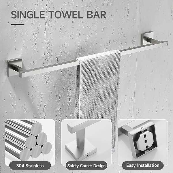 TQKAG 5-Piece Bathroom Hardware Set Brushed Nickel Classic Wall Mounted SUS304 Stainless Steel Bathroom Accessories Set 23.6" Towel Rack for Bathroom, Brushed Nickel - Image 4